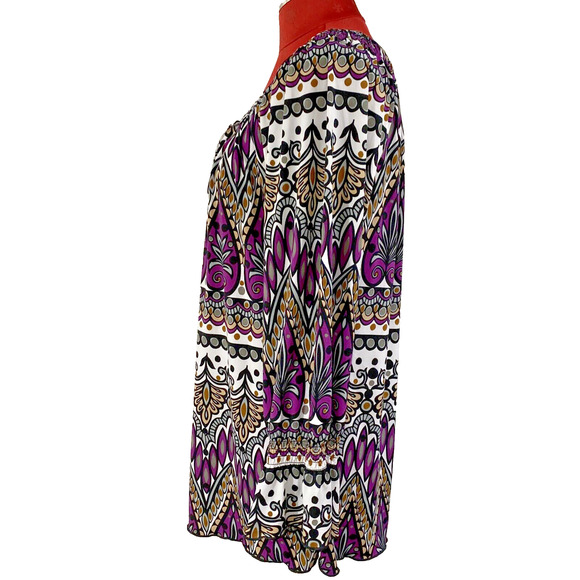 New Directions Size XL Peasant Top Tunic Blouse Boho Purple Gray Tan Floral Chic - Picture 4 of 9